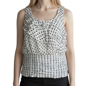 WHITE HOUSE BLACK MARKET White W/Black Diamond Print Chiffon Top NWOT Size XS‎